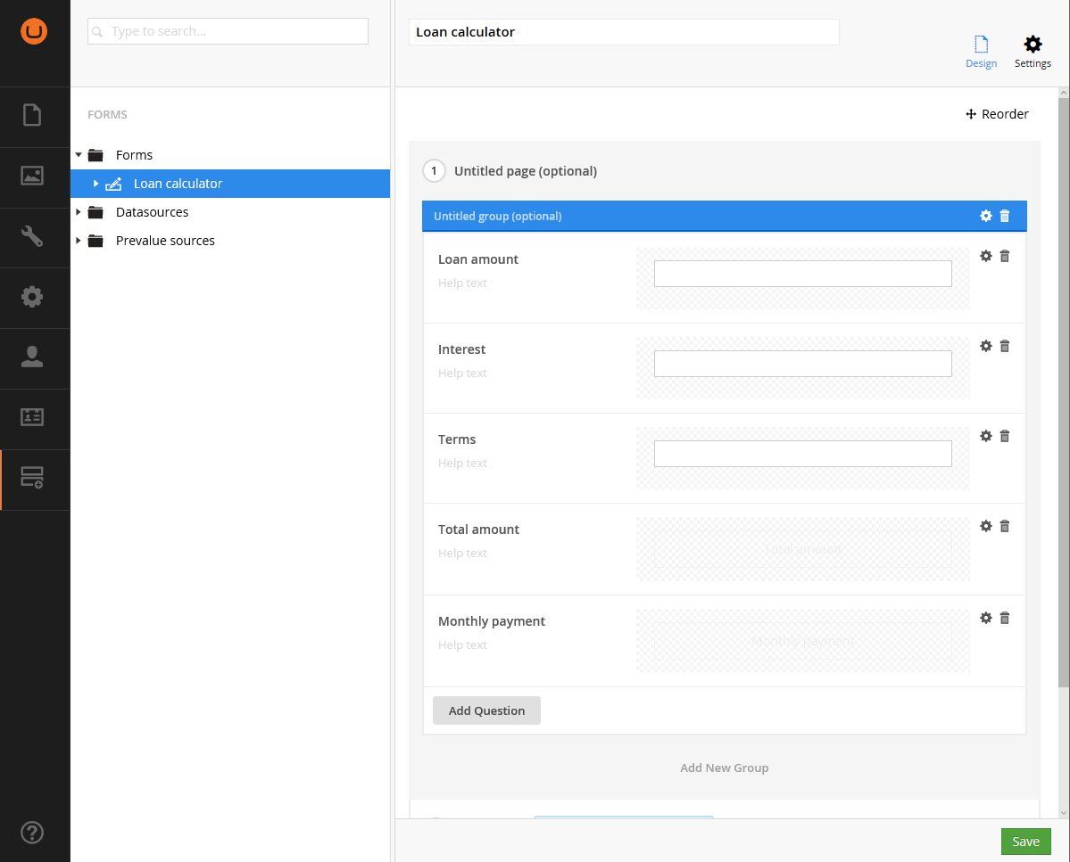 Form administration UI with fields