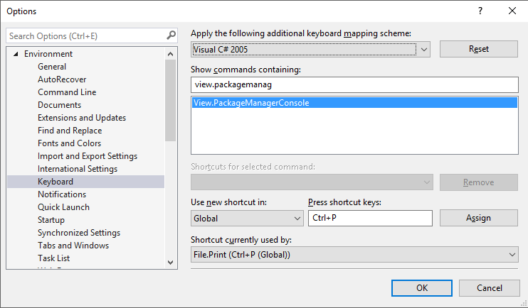 Visual Studio keyboard options, setting shortcut for package manager console