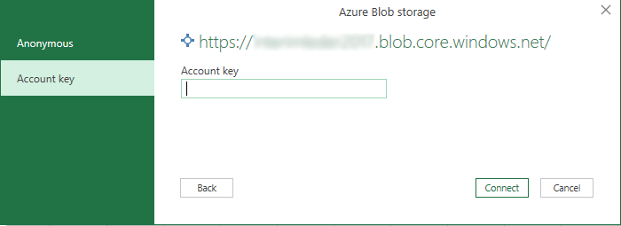 Entering storage account key