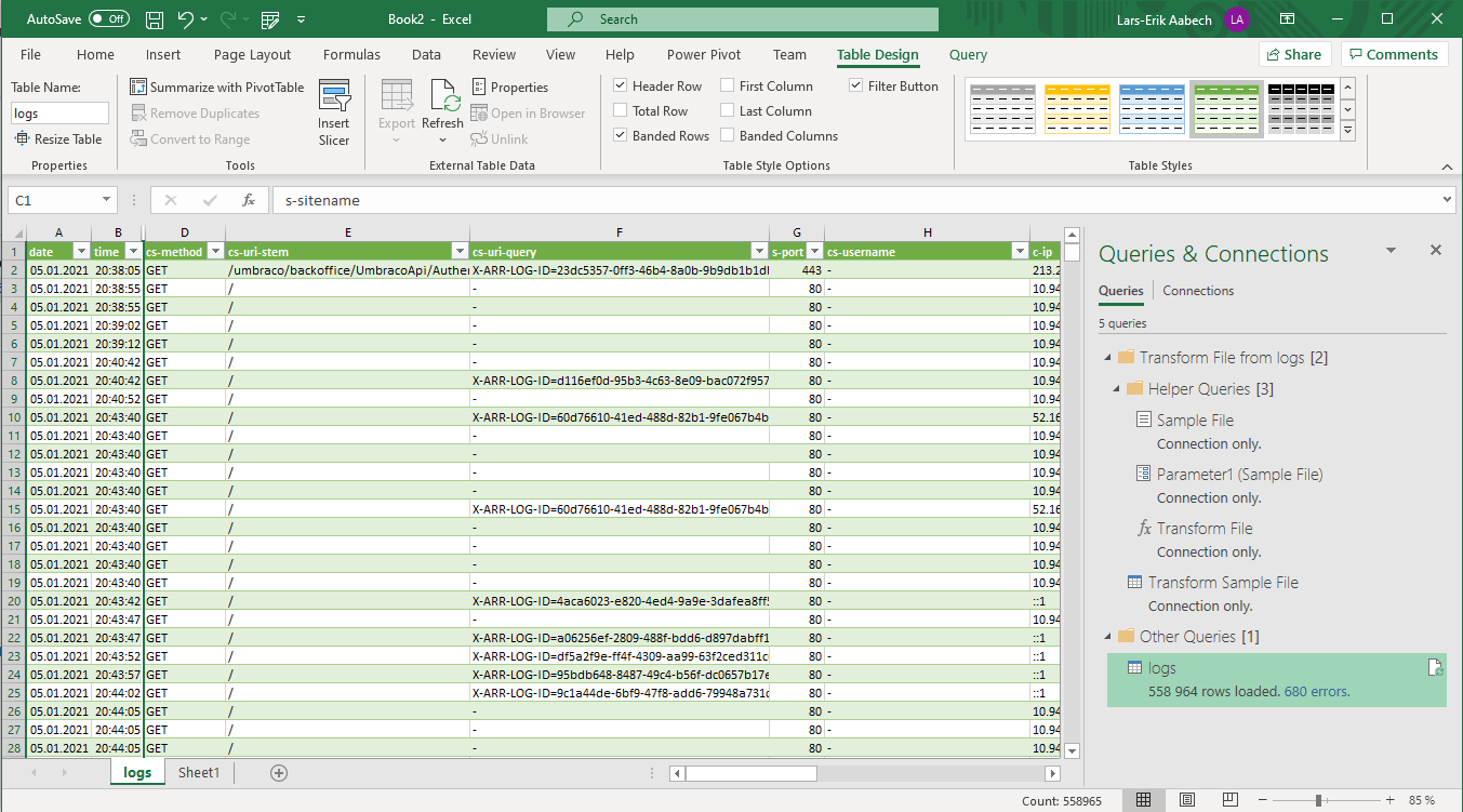 W3C log files loaded to an Excel sheet