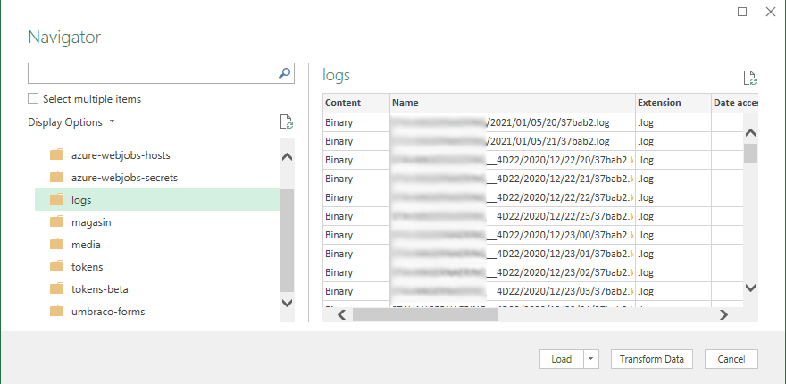 Viewing the logs container in the PowerQuery navigator