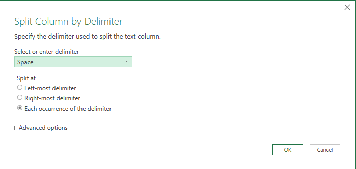 The split column by delimiter dialog