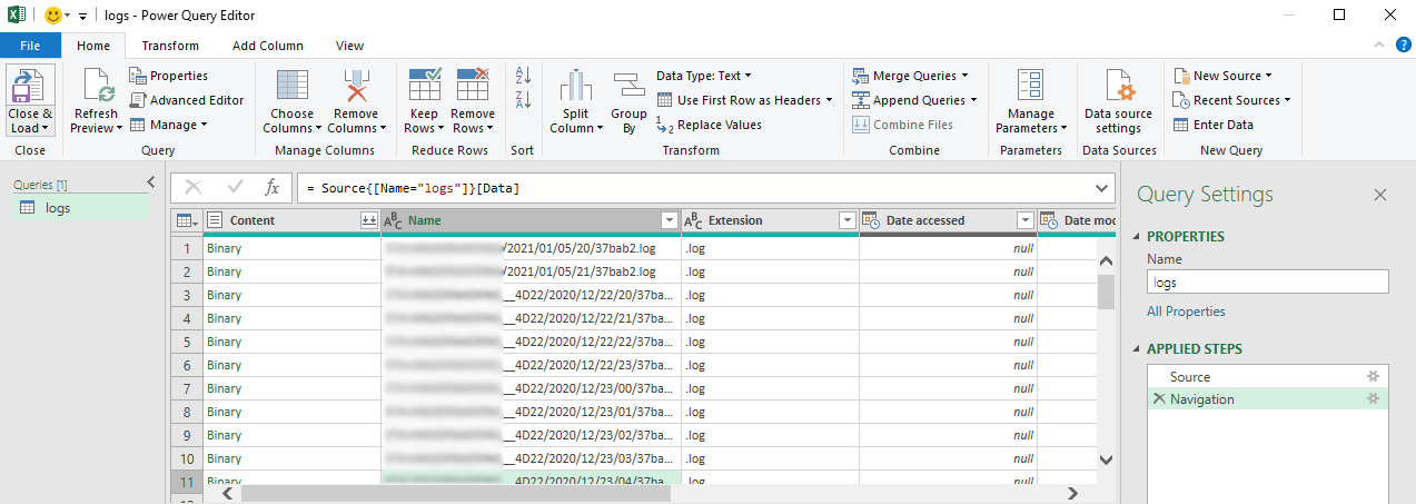 The PowerQuery GUI while viewing log blobs in PowerQuery