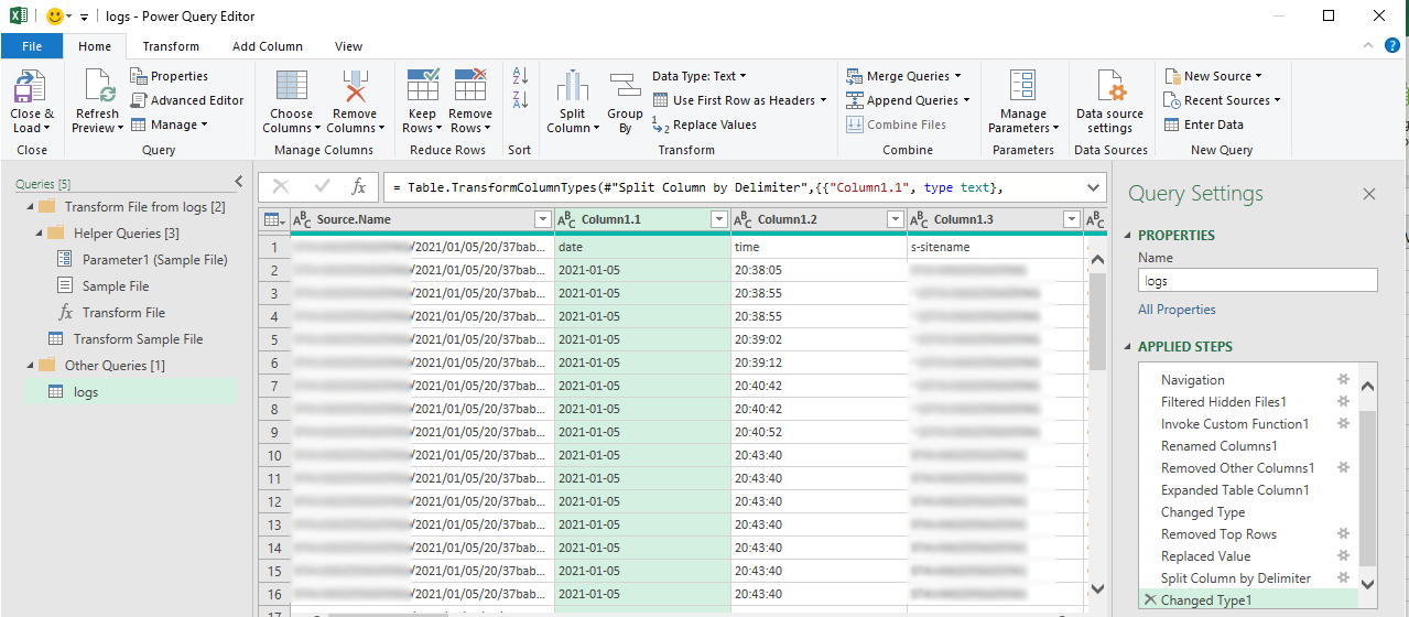 First view with actual split log columns