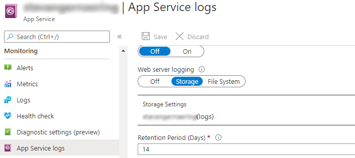 Web Server logging set to storage with retention period