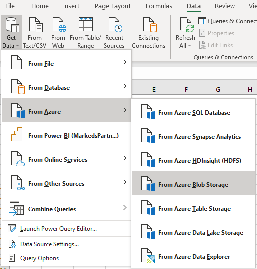 Excel Get Data From Azure Blob Storage menu