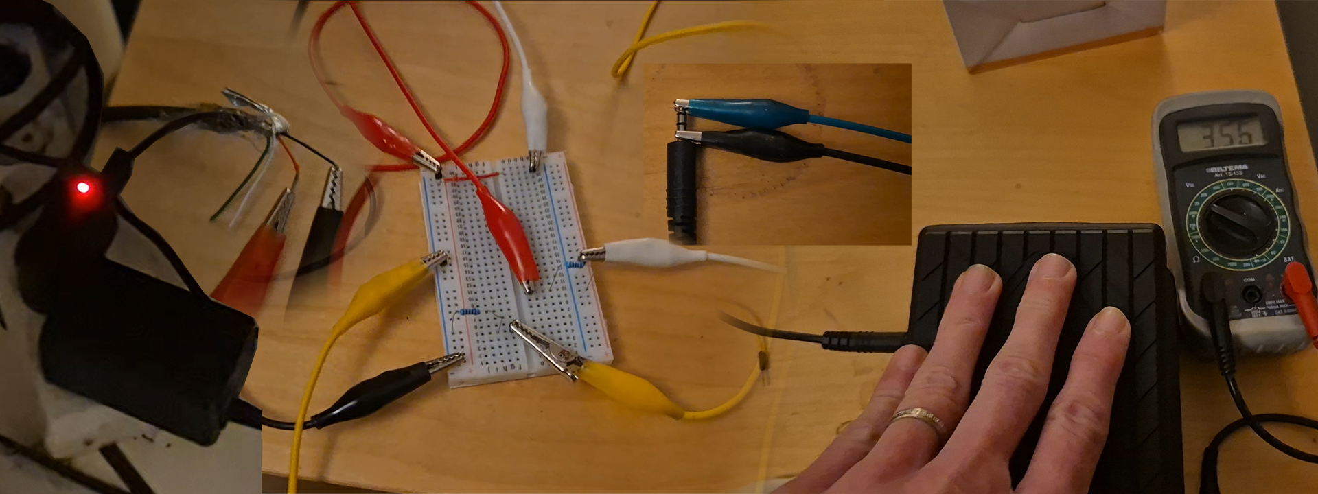 Picture montage showing a breadboard, wires, crocodile clips and a multimeter