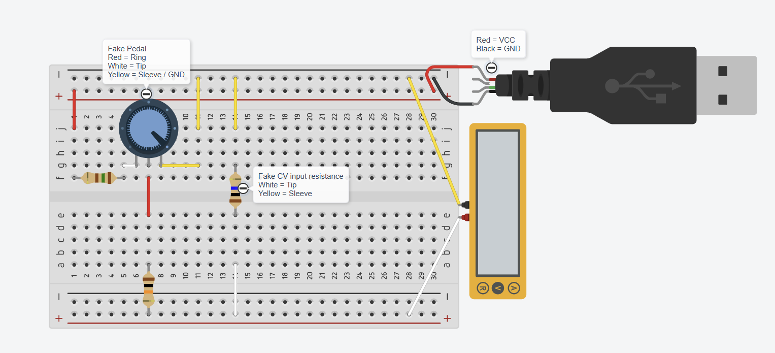 A breadboard layout representing the pedal, extra parts and synth