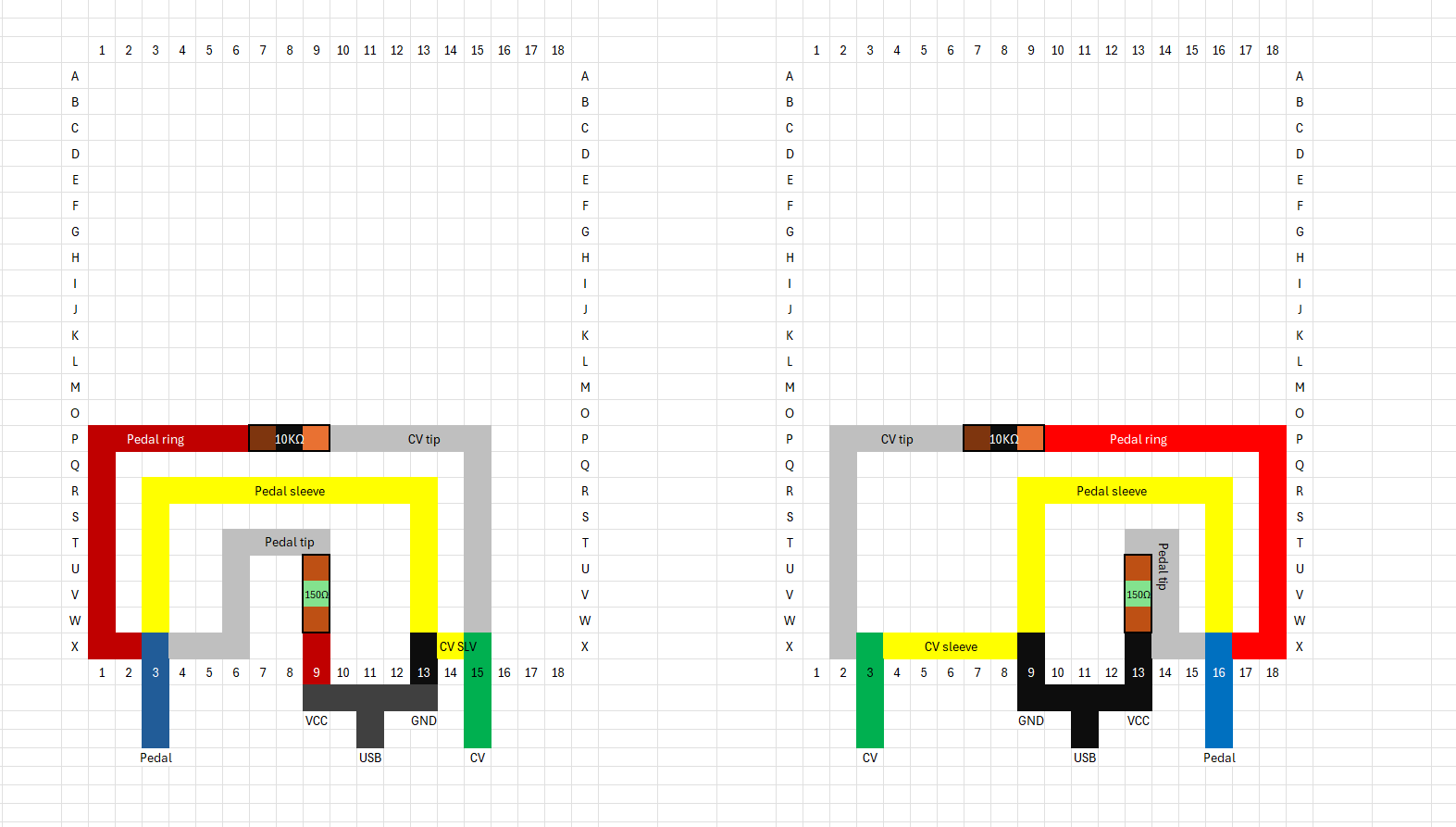 Excel sketches of the soldered circuit board